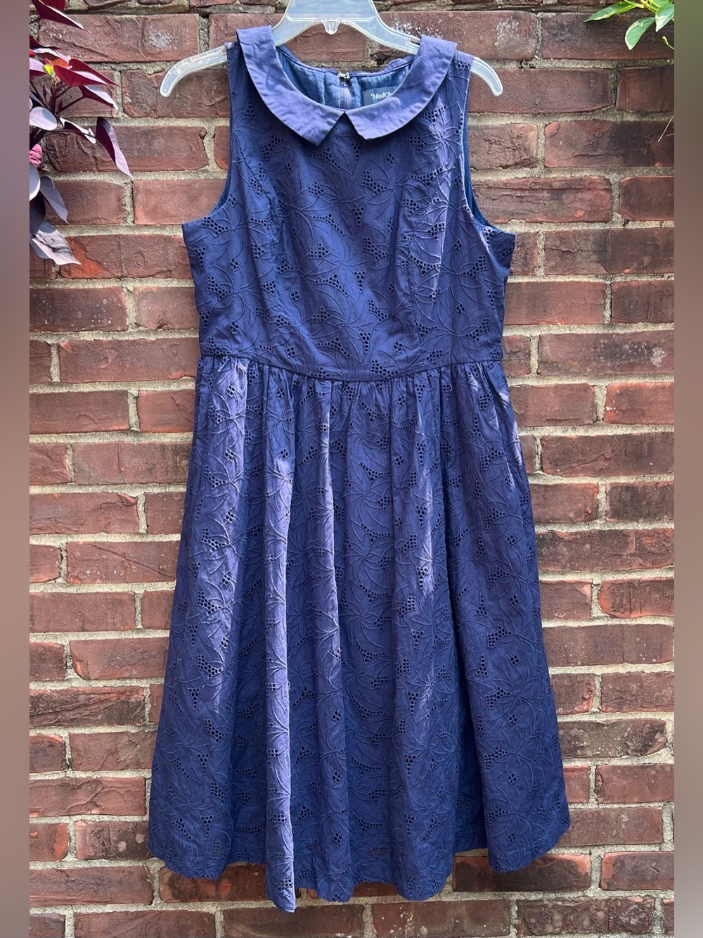 ModCloth Fortuitous Timing 100% Cotton Flare Midi Dress Sz 14 Navy Eyelet Retro